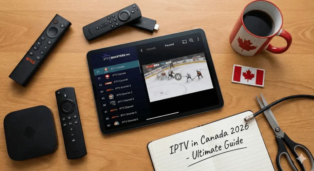 A flat lay composition illustrating the ultimate guide to cord-cutting using IPTV from Canada. A tablet displays the IPTV Smarters Pro app playing a Canadian hockey game, surrounded by an Android IPTV box, Firestick remotes, a Canadian maple leaf mug, and a notebook labeled "IPTV in Canada 2026 - Ultimate Guide," representing the search for the best IPTV with box setup.