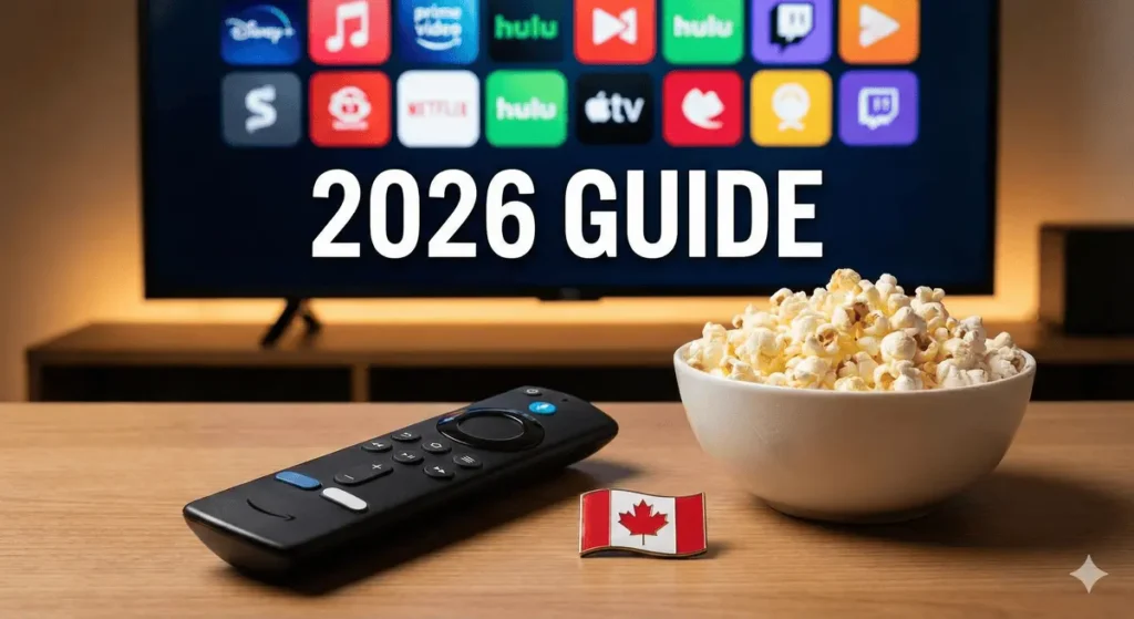 A cover image for the 2026 guide featuring a Firestick remote and Canadian flag pin, illustrating the process to Install IPTV on Firestick in Canada.