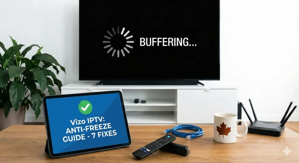 Firestick remote and Canadian flag next to a TV screen, illustrating the 2026 guide on how to fix IPTV buffering for Vizo IPTV users.