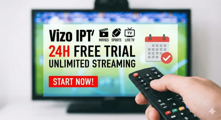 Vizo IPTV digital banner promoting a 24-hour free IPTV trial in Canada, showing 4K streaming options on Smart TV and Firestick with no credit card required