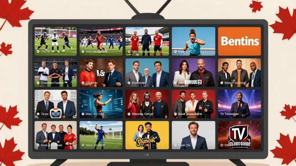 Canadian IPTV provider guide with entertainment collage.