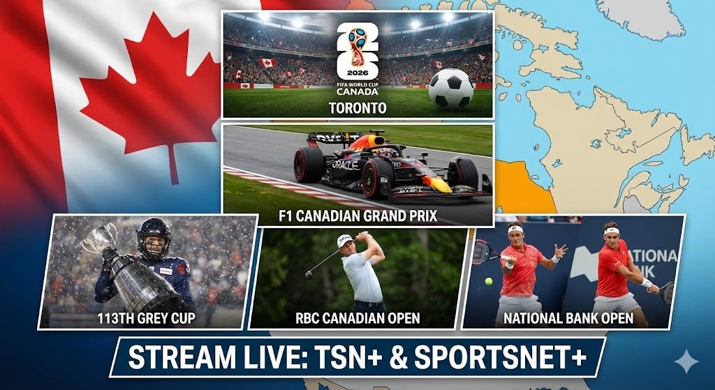 A promotional collage graphic highlighting major Canadian Sports Events 2026, featuring panels for the FIFA World Cup in Toronto, F1 Canadian Grand Prix, 113th Grey Cup, RBC Canadian Open, and National Bank Open. A banner across the bottom indicates where to stream FIFA World Cup Canada, F1 Canada 2026 streaming, and other events live on TSN+ & Sportsnet+