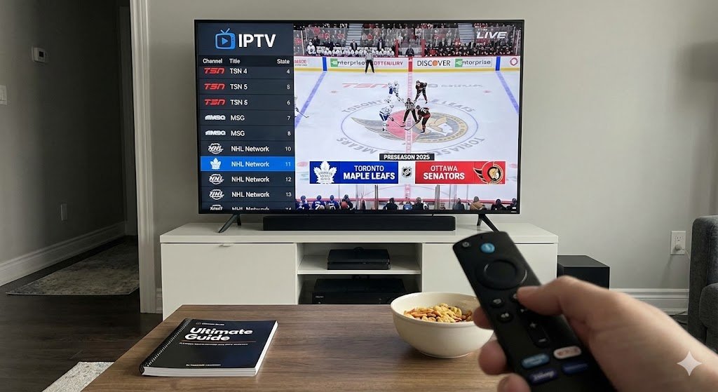 A television screen displaying an IPTV interface with a channel guide listing sports networks like TSN and NHL Network alongside a live 2025 game, illustrating how to watch preseason hockey games with IPTV using a streaming remote in a living room.