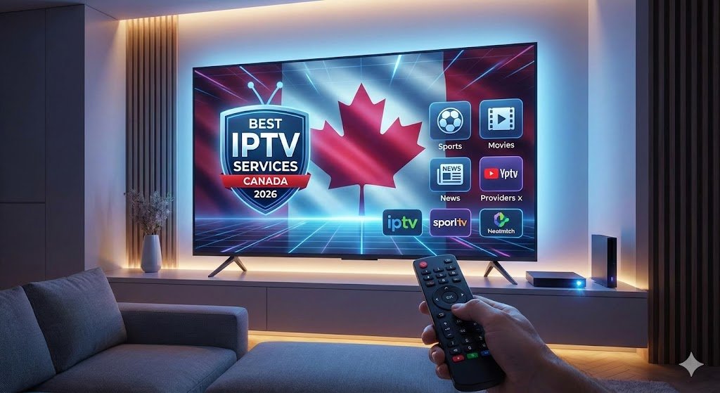 A modern Smart TV screen displaying a user interface for IPTV Services in Canada featuring a 2026 badge, a Canadian maple leaf background, and icons for live sports and movie streaming.
