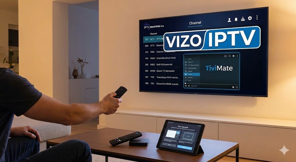 A person using a Firestick remote to configure IPTV Smarters Pro on a Smart TV, with the Vizo IPTV logo displayed prominently on the screen.