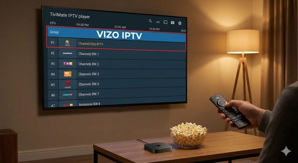 A user navigating the TiviMate Premium EPG guide on a Smart TV, displaying the newly setup Vizo IPTV playlist group and channel list.