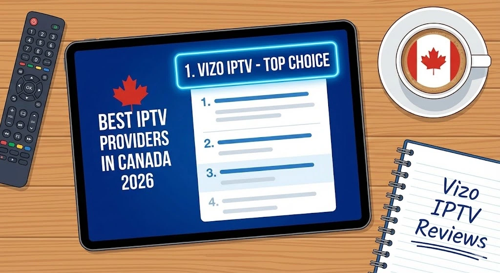 A tablet screen displaying a ranking list for the 'Best IPTV services in Canada 2026', highlighting Vizo IPTV as the number one top choice.