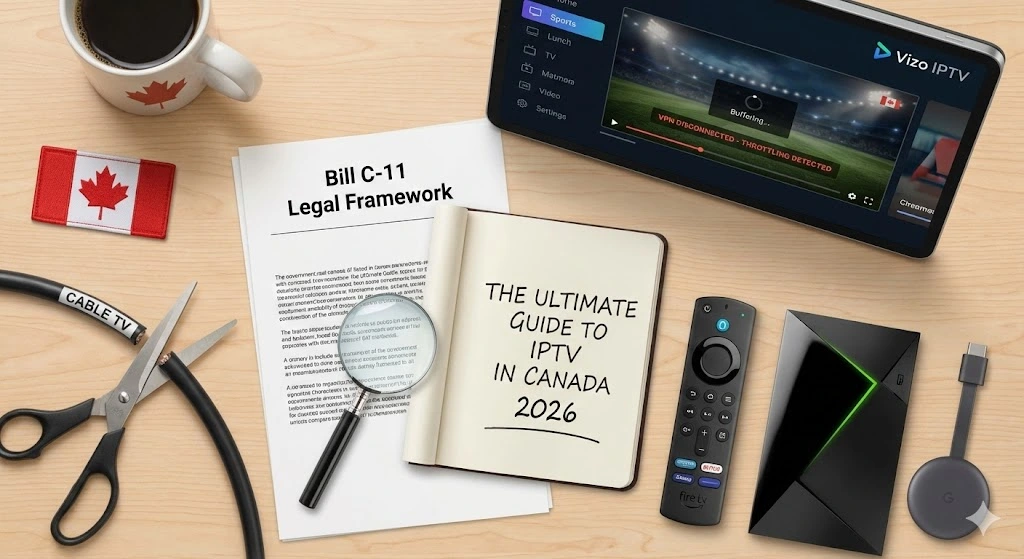 A flat lay desk scene illustrating the ultimate guide to IPTV in Canada 2026, featuring legal documents like Bill C-11, streaming hardware including an Nvidia Shield and Firestick remote, scissors cutting a cable TV wire, and a tablet displaying a Vizo IPTV buffering warning due to throttling.