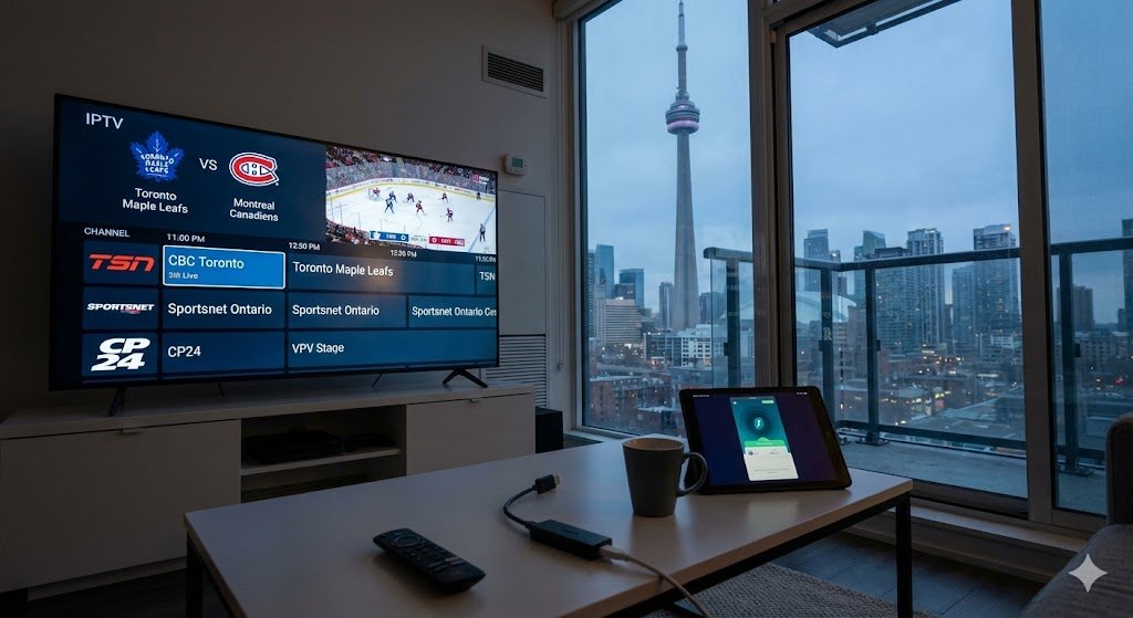Modern Toronto condo living room overlooking the CN Tower, displaying a Smart TV streaming live sports via an IPTV Toronto service using a Firestick 4K, representing the ultimate cord-cutting setup in the GTA.