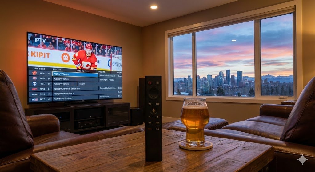 Finished basement home theater in Calgary with a sunset city view, displaying a live Calgary Flames hockey game streamed through an IPTV Calgary service interface using an Nvidia Shield remote.